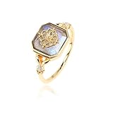 [Richight] 純銀製大粒スクエア天然ラブラドライトリング、Silver 925ゴールドアンティーク唐草パターンシグネットリング (14号 内円周約54mm)