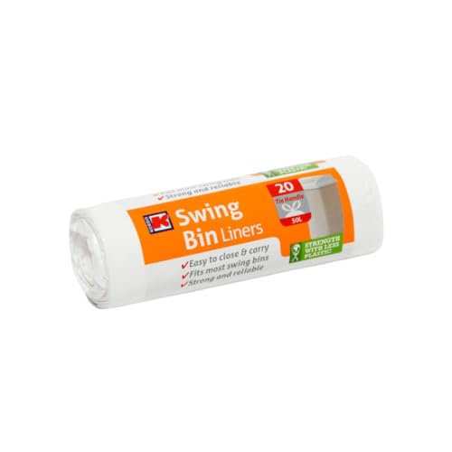 Kordis Strong Tie Handle Swing Bin Bag Liners - 1 Roll x 20 Bags. 50L White Plastic Bin Bags For Kitchen Bins & Large Indoor Trash Bin. 20 Heavy Duty Unscented Garbage Bags - 60 x 90cm