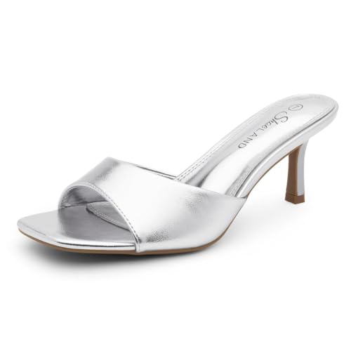 Image of Shoe Land Women's Low Heels Stiletto Heeled Slides, Open Toe One Band Slip-On Heeled Mules - Dressy Heeled Sandals for Prom, Party Wedding and Vacation