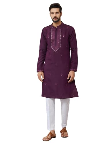 Image of See Designs Men's Long Sleeve Mandarin Collar Side Slit Off-White Embroidered Chanderi Silk Straight Kurta
