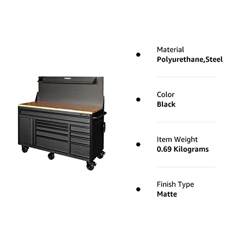 61 In. 10-Drawer 1-Door 24 In. D Mobile Workbench With Pegboard And Shelf In Textured Black Matte #TOP1