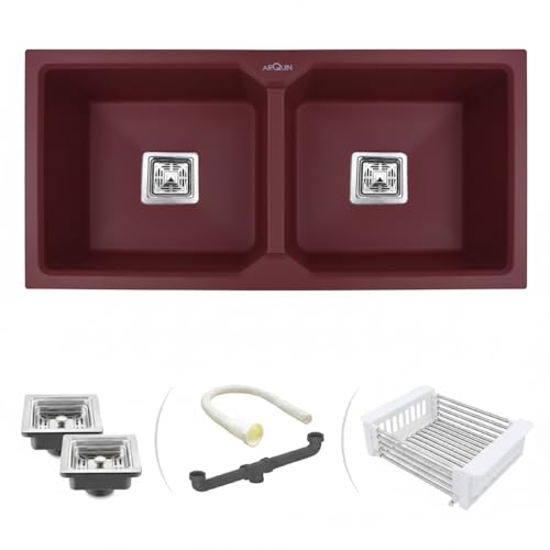 Image of ARQUIN Double Bowl Quartz Kitchen Sink 37x18x9 Inch Brown | Durable & Scratch-Resistant Sink | Undermount,Topmount | Including Coupling,Sink Connector,Waste Pipe & Fruit Washing Basket