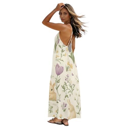 Robe longue à bretelles spaghetti et dos nu avec motif lapins de Pâques