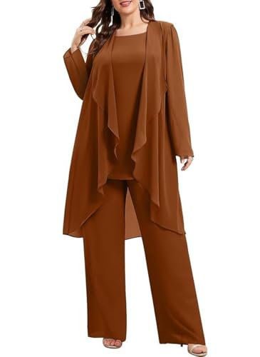 3 Pieces Mother of The Bride Pant Suits with Jacket Chiffon Long Sleeves Wedding Guest Dressy Outfit KW020