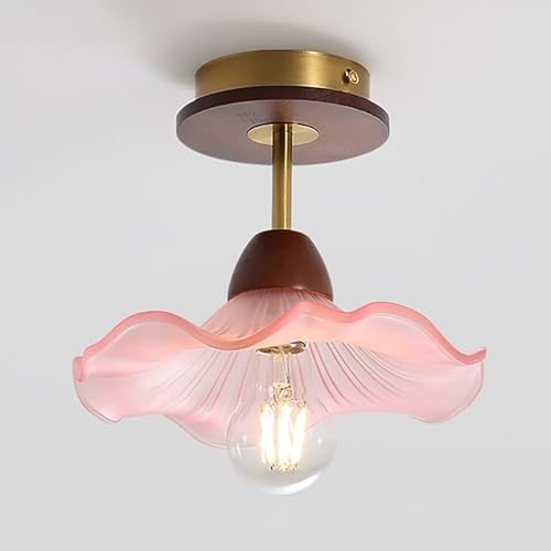 Lampada da Soffitto in Vetro, Vintage Creatività Fiore Plafoniera, E27 Rosa Illuminazione a Soffitto, Legno Lampadario A Sospensione Per Soggiorno Sala da Pranzo Camera