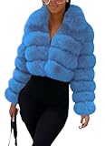 loveimgs Women Fluffy Faux Fur Coat Cropped Jacket Puffer Jacket Zip Up Winter Warm Fuzzy Teddy Jacket (X-Small,Blue)