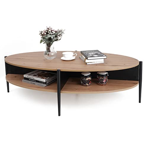 7Riversart Wood Oval Coffee Table With 2-Tier Storage Partitioned Shelf Industrial Modern Design Sofa Table For Living Room #TOP3
