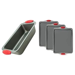 Boxiki Kitchen Baking Mastery Set: Non-Stick Steel Banana Bread Loaf Pan & 3-Piece Baking Sheet Tray Set – Premium Bakeware with Silicone Handles