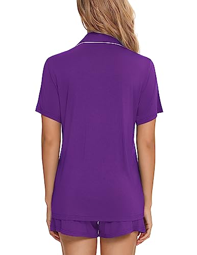 Image of Pjmlifecoco Women's Modal Pajama Set Short Sleeve Button Down Two Piece Soft Sleepwear with Shorts Loungewear S-XXL