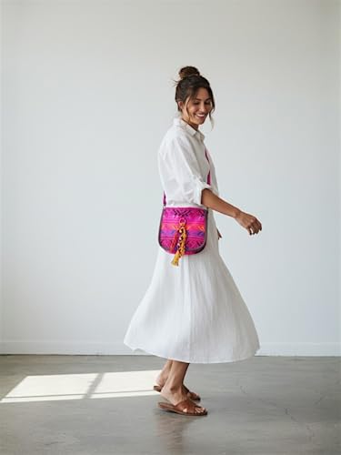 Image of The House of tara Ethnic Handloom Crossbody Sling Bag | Embellished with Tassels and Trims. Flap Closure Snap Button | Multicolour Crossbody Bag for Women | Handmade | Elegant Design