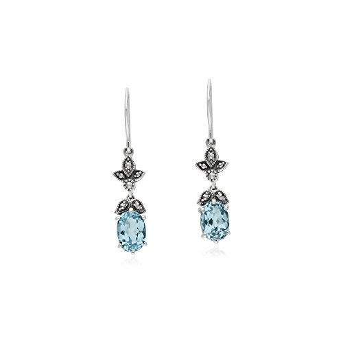 Gemondo Topaze Boucles D'Oreilles, Argent Sterling Topaze Bleu & Marcassite Ovale Art Nouveau Boucles D'Oreilles Goutte
