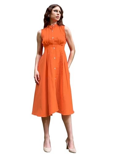 Image of PURVAJA Women's Pleated Knee Length Sleeveless Mandarin Collar Solid Dress