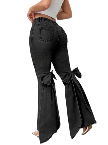 Jeans acampanados con lazo para mujer, pantalones de mezclilla de cintura alta, elásticos, coqueta, con botones, Negro, M