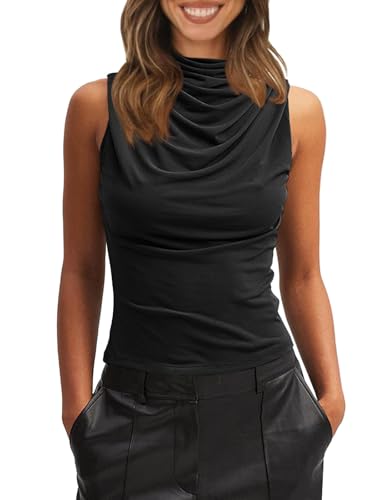 Imily Bela Damen Tank Top Ruched Stehkragen Tops Sexy Ärmellos T-Shirts Sommer Wasserfall Camisole Oberteil(Schwarz, S)