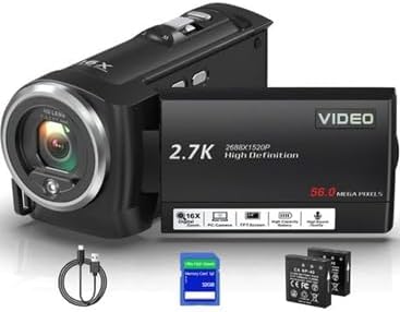 Camcorder Video Camera, QHD 2.7K, 56MP, 16X Digital Zoom, Vlogging Camera with SD Card and Batteries