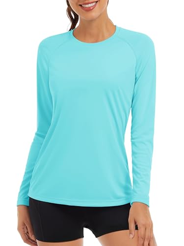 TACVASEN Damen Sonnenschutz Langarm Sommer Laufshirt Bademode Schnelltrocknend Rashguard UV-Schutz Sport Shirt (M, Seeblau)(M,Seeblau)