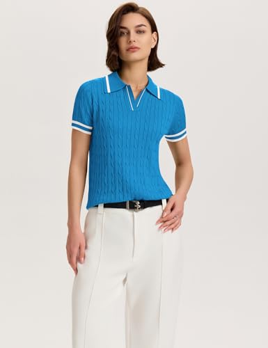 Image of Micoson Womens Short Sleeve Sweater Tops Lapel V Neck Polo Shirts 2026 Summer Cable Knit Loose Blouse Business Casual Outfits