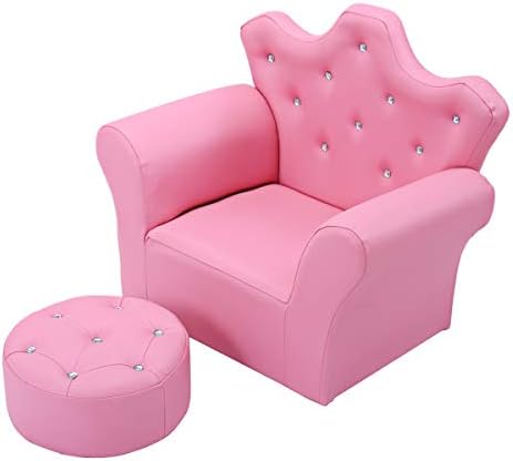 GLACER Kids Sofa with Ottoman, Kids Pink Couch with Embedded Crystal & PVC Leather, Upholstered Child’s Crown-Back Armchair, Baby Sofa Chair Seat Furniture, Princess Chair for Toddler Girls