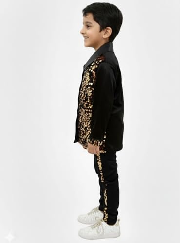 Image of BookMyCostume Western Dance Costume for Boys - Black & Golden Sequin Collared Shirt & Pants Set | Annual Day Dance Dresses & Fancy Dress for Stage Shows & Performances | 4-5 Years