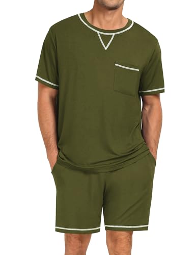 Image of SWOMOG Mens Pajamas Set Summer Sleepwear Short Sleeve Pjs Set Soft 2 Piece Lounge Set Comfy Loungewear with Pockets