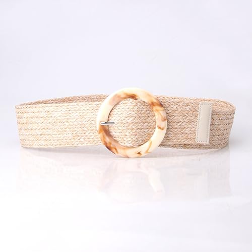 Mixed Color Straw Woven Fashion Elastic Stretch Braided Belts for Women Boho Dress Strap with Resin Round Buckle(105cm/waist:34"~36", Offwhite)2
