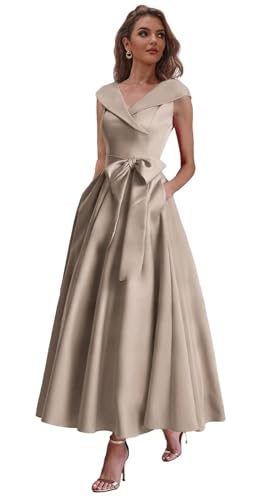 Satin Mother of The Bride Dresses for Women Tea Length Formal Dress with Pockets Cap Sleeve Evening Gown
