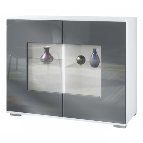 Vladon Kommode Grömitz V3, Moderner Küchenschrank mit 2 großen Glastüren inkl. RGB Beleuchtung Weiß matt/Grau Hochglanz (92,5 x 75.5 x 35) Vladon Kommode Grömitz V3, Moderner Küchenschrank mit 2 großen Glastüren inkl. RGB Beleuchtung Weiß matt/Grau Hochglanz (92,5 x 75.5 x 35)