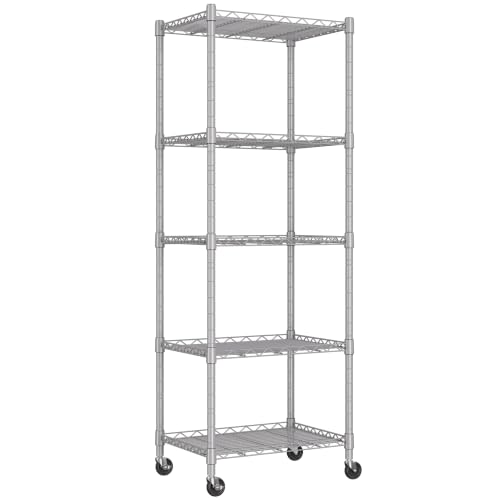 Image of REGILLER 5-Wire Shelving Metal Storage Rack Adjustable Shelves,Standing Storage Shelf Units for Laundry Bathroom Kitchen Pantry Closet(Silver,11.8 inch D x 16.6 inch W x 53.5 inch H,With Wheels)