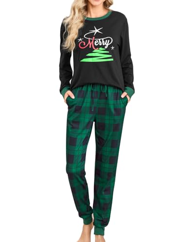 difficort Womens Christmas Pajamas Long Sleeve Pj Set Soft Plaid Pants Sleepwear with Pockets