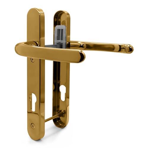 TSS Polished Brass UPVC Door Handle Pair Set, Sprung, 92mm PZ (Centres), Lever Lever, 122mm Screw to Screw (Screw centres), Backplate 245mm x 34mm - Replacement PVC Door Handle in Polished Brass