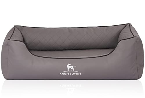 Knuffelwuff Orthopädisches Hundebett Madison aus laser-gestepptem Kunstleder M-L 85 x 63cm Grau - abnehmbarer Bezug - leicht zu reinigen - für große, mittelgroße und kleine Hunde