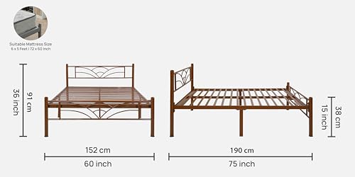 Image of Zyra Metal Queen Size Bed Without Storage | Wrought Iron Double Bed with Headboard & Footboard | Sturdy Powder Coated Platform Bed Queen Size Cot for BedroomLivingRoom Brown (75x60)