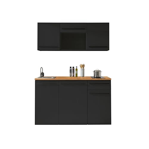 Stella Trading Jazz Moderno Angolo Cottura Senza elettrodomestici in Nero Opaco, Effetto Rovere lanceolato – Ampia Cucina attrezzata con Molto Spazio, Legno ingegnerizzato, 160 x 212 x 60 cm