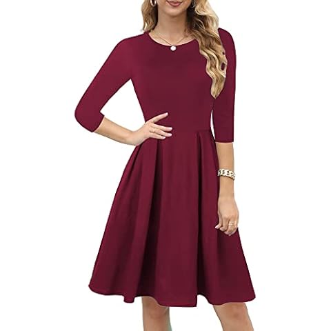 oxiuly Women's Classic Scoop Neck Cotton Work Casual Dress Elegant Vintage Party Dresses with Pockets OX365, Wine S7, Large Cover