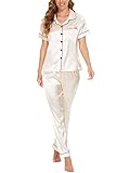 Weiche und bequeme Pyjamas Set: Der Pyjama ist aus Seidensatin Stoff (100% Polyester), der Stoff ist weich, leicht, atmungsaktiv und hautfreundlich, es macht Sie bequem in der Lounge und Schlafzeit.Das Material des Schlafanzugs kann in der Maschine oder von Hand gewaschen werden.