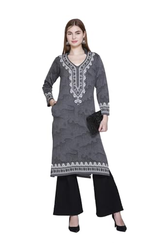 Image of REBECCA Women's Winter Woolen Kurti Jacquard Straight Fit Ethnic Wear with 2 Side Pockets