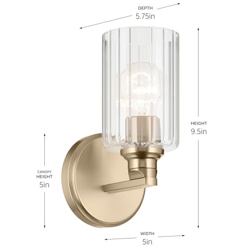 Image of Kichler Gioe 5 inch 1-Light Wall Sconce Bathroom Vanity Light with Clear Fluted Glass in Champagne Bronze, Damp Rated for Powder Room, Kitchen, Hallway, Bedroom (5 inch W x 9.5 inch H), 55224CPZFLU