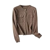 Women Simple Casual Crewneck Short Knit Cardigan Long Sleeve Allmatch Sweater with Pockets