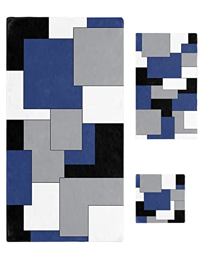 Navy Blue Black Modern Color Block Towel Sets for Bathroom,Microfiber Bath Kitchen Beach Hair Hand Yoga Dish Towels Washcloths,Geometric Gray White Patckwork Plaid Quick Dry Decorative Towels+Set