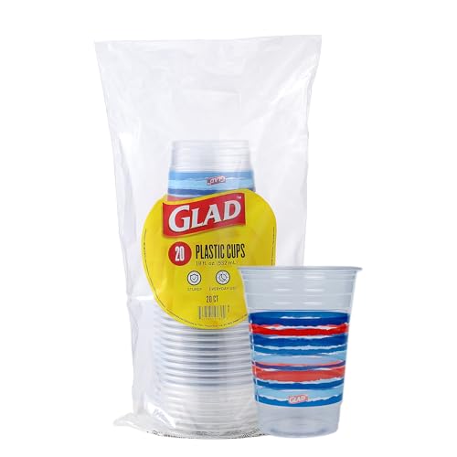 Glad Everyday Clear Plastic Cups with Red White and Blue Print - Sturdy Disposable Drinking Cups for Patriotic Parties and Everyday Use Recyclable #5 Plastic 18 oz 20 Count