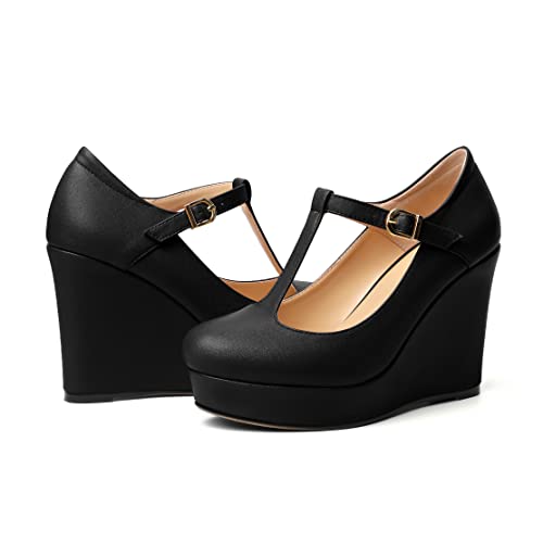Soireelady Women's Platform Wedges Round Toe Wedge Heel Pumps T Strap High Heels Comfortable Office Dress Platform Pumps Classic Heeled Buckle Shoes4