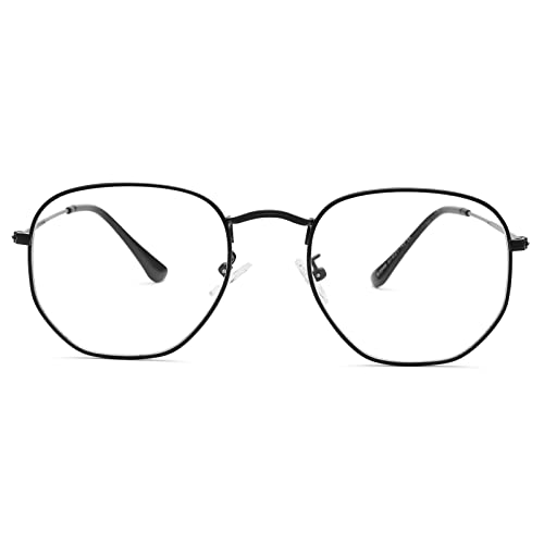 Pro Acme Hexagonal Non-Prescription Glasses Frame for Women Men Designer Square Round Metal Clear Lens Eyeglasses (Black)