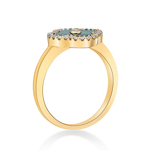 Lavari Jewelers Four Leaf Flower Ring for Women - Black Onyx Green Malachite or Mother of Pearl & Cubic Zirconia in 925 Sterling Silver - Hypoallergenic Gold Plated - Halo Clover Ring Size 5 to 82