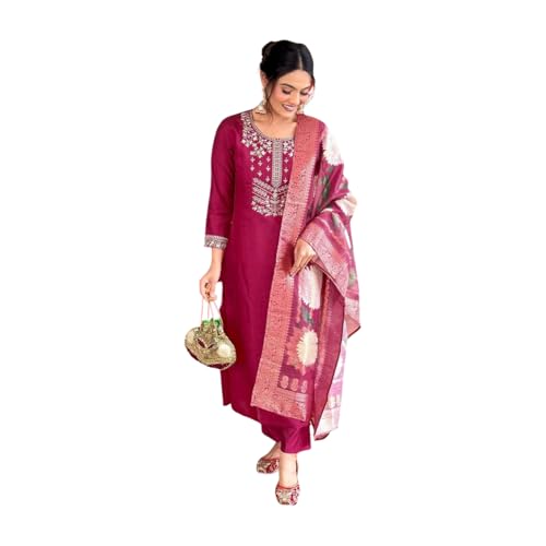 Image of Shiv Textiles Women's Chanderi Silk Embroidered Kurta Pant Dupatta Set(JDA-SACHI-WINE-2XL)