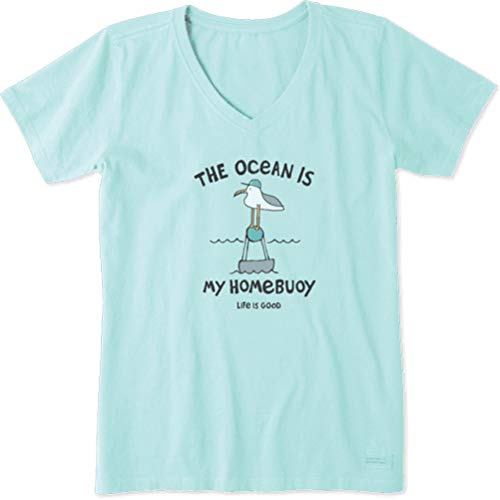 Life is Good Womens Crusher Beach/Ocean Graphic V-Neck T-Shirt, Ocean Bermuda Blue, X-Large