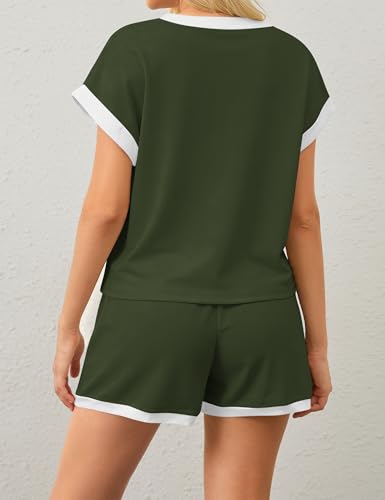 Image of MISSACTIVER 2 Piece Lounge Set Women Stripe Knit Short Sleeve Tee Shirts Shorts Casual Summer Loungewear Shorts Sets