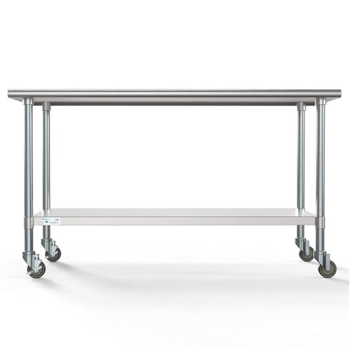 Image of KoolMore Commercial 30 inch x 60 inch Stainless Steel Work Table Wheels Restaurant Home Use, Under Storage Shelf Food, Tools, Equipment, Hardware, Heavy Duty Metal Workspace (CT3060-18C), Silver, 30 inch x 60 inch