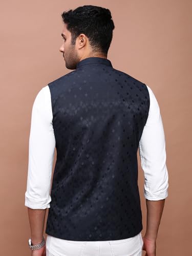 Image of SHOWOFFFF Men Woven Design Ethnic Nehru Jacket | Mandarin Collar Sleeveless Cotton NehruJacket for Mens | Slim Fit Regular Length NehruJackets for Men's