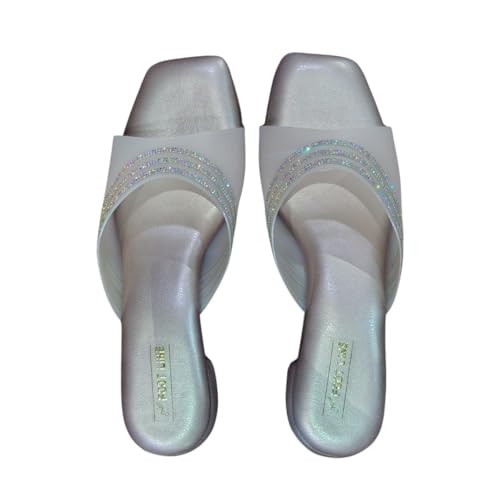 Image of Women's Rhinestone Embellished Block Heel Sandals | Elegant Open Toe Slip-On Heels | Cushioned Metallic Footbed | Lightweight Party & Occasion Footwear