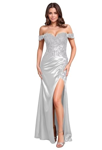Women's Lace Applique Satin Prom Dresses 2025 Long with Slit Mermaid Off Shoulder Luxury Formal Evening Party Gown